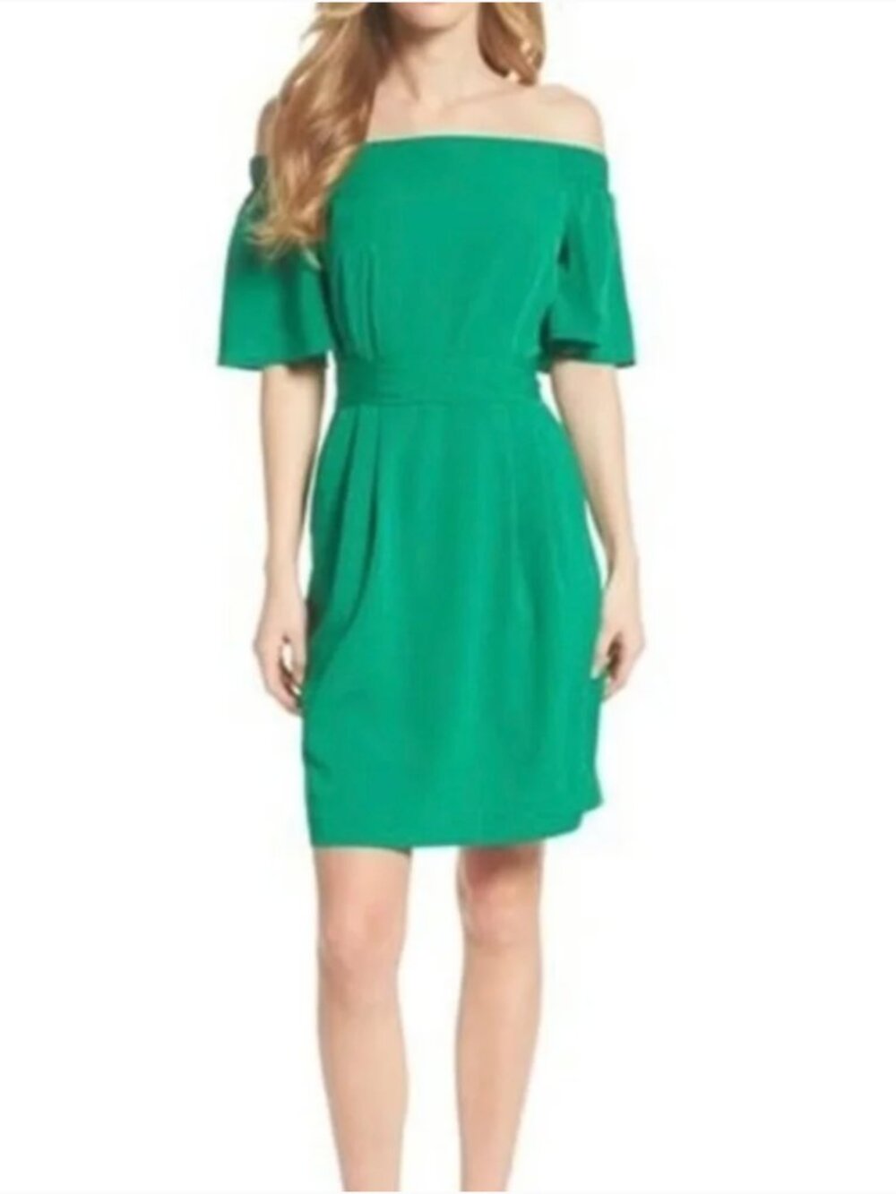 Eliza J Emerald Green Off Shoulder Dress Petite 2P Tie Waist Cocktail Dress